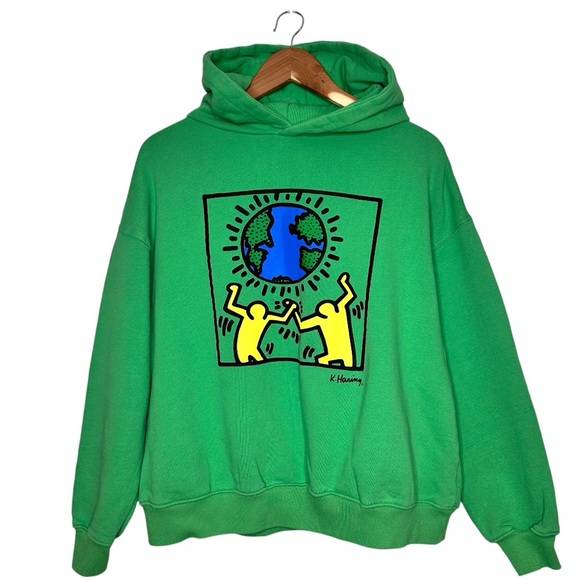 Cotton On Tops - Keith Haring x Cotton On Sweatshirt Hoodie Size Medium Logo Dancing Earth Green